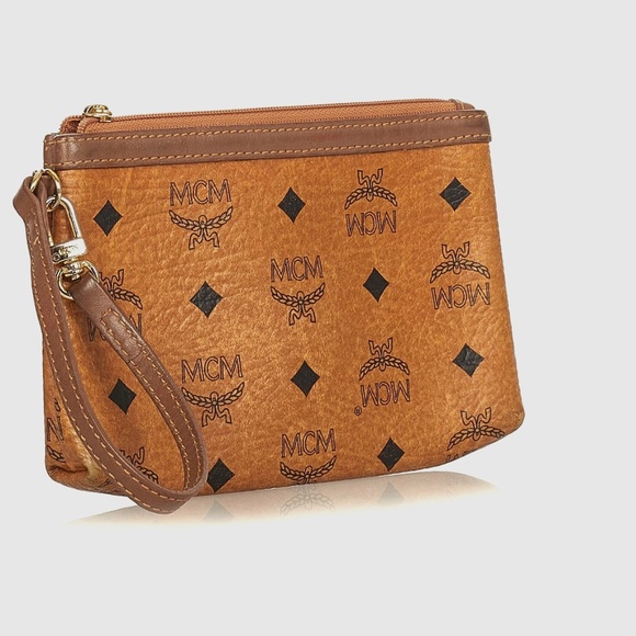 MCM Cognac Leather Trimmed Visetos Zippered Pouch/Wristlet w/ COA - Picture 1 of 12